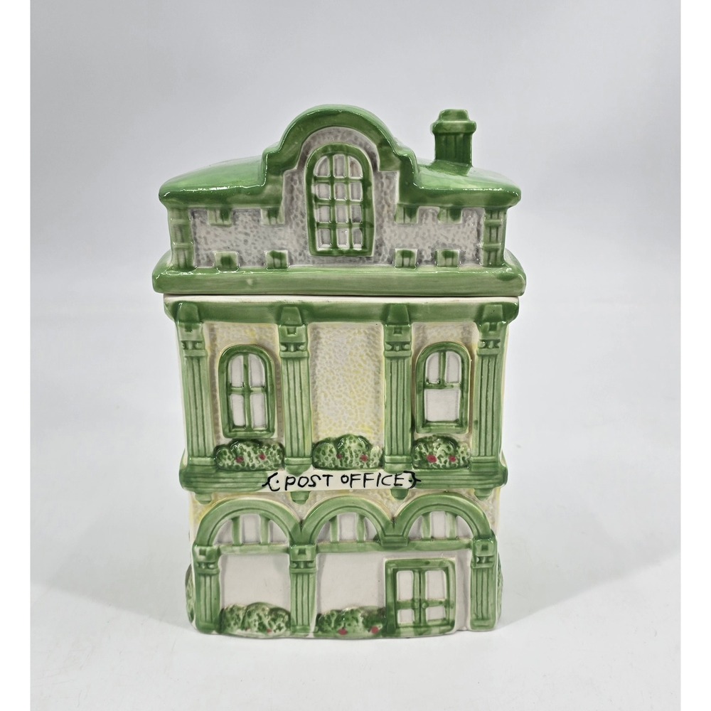 Vintage Ceramic Post Office Cottage House Cookie Jar Canister Green 9.25"